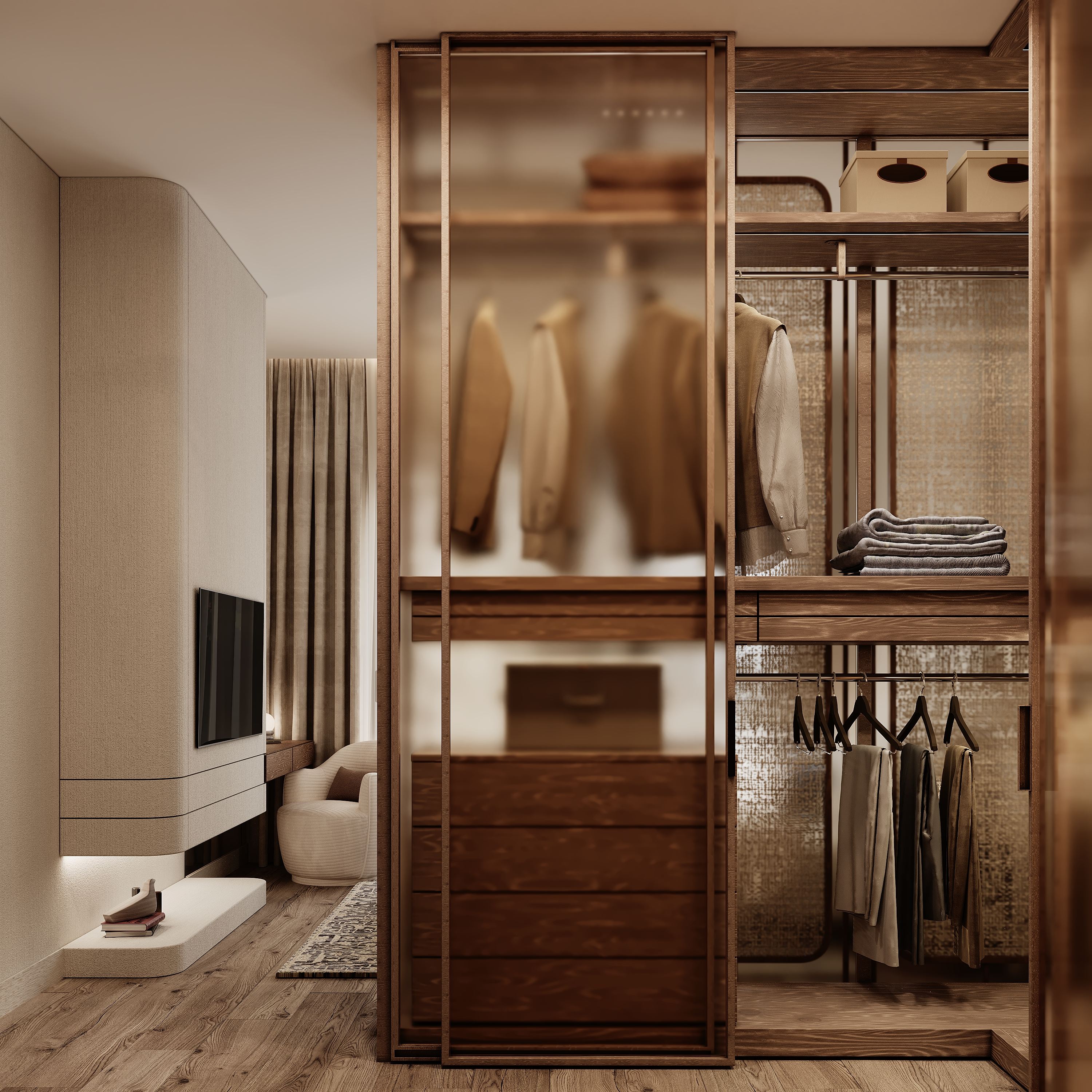 Luxury walk-in closet with glass doors and organized storage